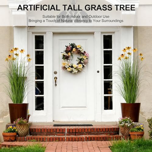 2-Pack 47in/4ft Artificial Grass with Yellow Fake Flowers, Potted Faux Floor Plant, Realistic Tall Greenery for Patio Porch Living Room Garden Decor - color: 2pac Green2