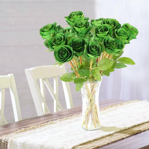 Hananona Artificial Roses Flowers for St. Patrick's Day，12 Pcs Silk Green Rose Bouquet for Spring Home Decoration, Green Faux Roses for Wedding - color: Green