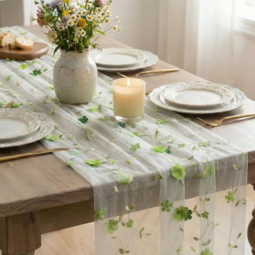 Artoid Mode Green 3D Flower Gauze Embroidery Table Runner 120 Inch 10FT, Tulle Seasonal Spring Kitchen Dining Holiday Table Decor for Home Party - color: White-green