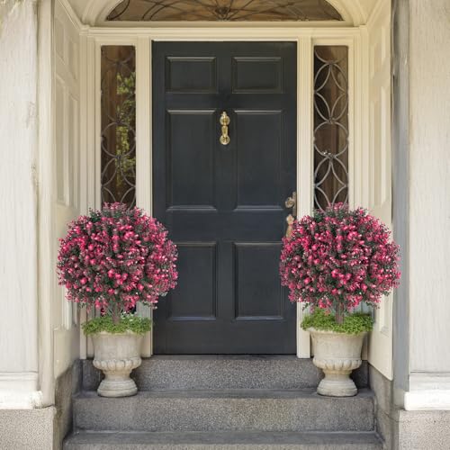 AOKIIE 24" Artificial Boxwood Topiary Bushes UV Resistant for Outdoor 2PCS | Artificial Shrubs with Ground Spike, Rose Faux Outdoor Plants for Indoor & Outdoor Garden, Yard, Porch, Patio - color: Rose