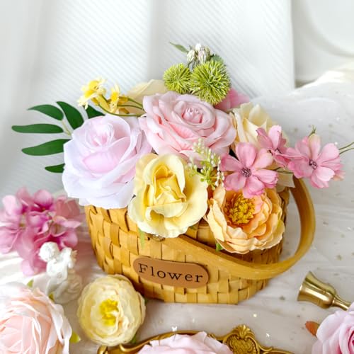 Creamy Yellow Pink Silk Artificial Flowers Combo Box Set Pastel Roses Flowers Dahlia DIY Bridal Wedding Bouquets Cake Boho Fake Floral with Stems Arrangements Baby Shower Party Table Centerpieces - color: Pink, Yellow
