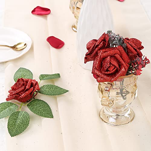 IPOPU Artificial Flowers,50pcs Red Sparkly Roses Glitter Flowers Bling Artificial Roses with Stem for DIY Wedding Bridal Bouquet Home Party Decoration(Red) - color: 50pcs Red