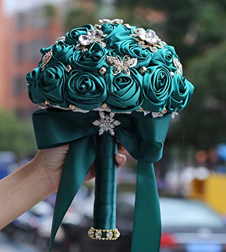 Sharebeauty 9.4" Handmade Satin Rose Bridal Bouquet Toss Round Wedding Bouquet Throw Toss Artificial Flower Bunch Dark Green - color: 809a Dark Green, size: 9.4"/24cm