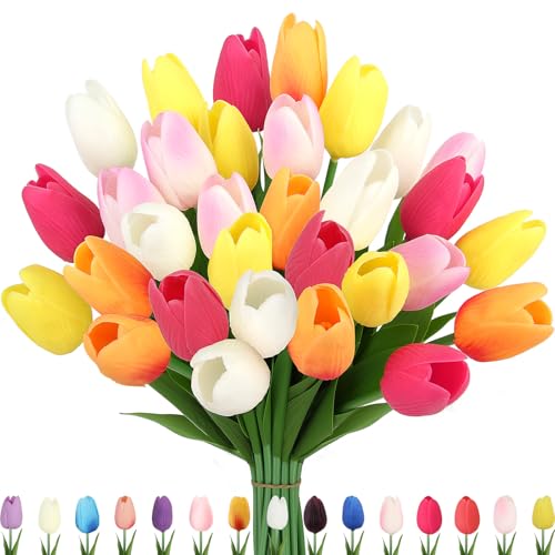 Artificial Tulips Flowers Fake Latex Tulip Stems - 30pcs Real Touch Faux Multicolor Tulips Flower for Easter Spring Wedding Bouquet Centerpiece Floral Arrangement Cemetery Table Decor - color: Multi-color03