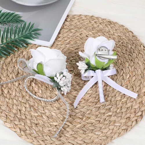 Lusofie Sparkling White Rose Corsage and Boutonniere Set for Women Men - 2Pcs Elegant Rhinestone Wristlet, Artificial Flowers for Prom Wedding Homecoming Party
