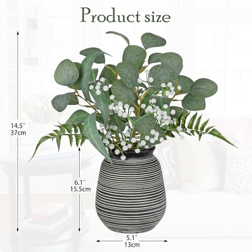Briful Artificial Floral Arrangement Centerpiece with Eucalyptus & Mixed Greenery – 14.5” Pre-Arranged Faux Flowers in Textured Black & White Ceramic Vase for Table, Shelf & Entryway Décor - color: Black