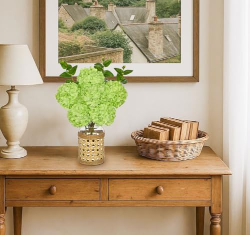 Hollyone Green Hydrangea Artificial Flowers in Woven Glass Vase with Faux Water Silk Hydrangeas Fake Flowers Floral Arrangement for Home Indoor Bathroom Kitchen Office Table Centerpiece Shelf Decor - color: Green-woven Vase