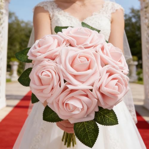 16 Pcs Fake Pink Roses Artificial Flowers | Pink Foam Roses with Stems, Artificial Flowers for DIY Wedding Bouquets, Centerpieces, Party, Home Decor - color: Peach Pink