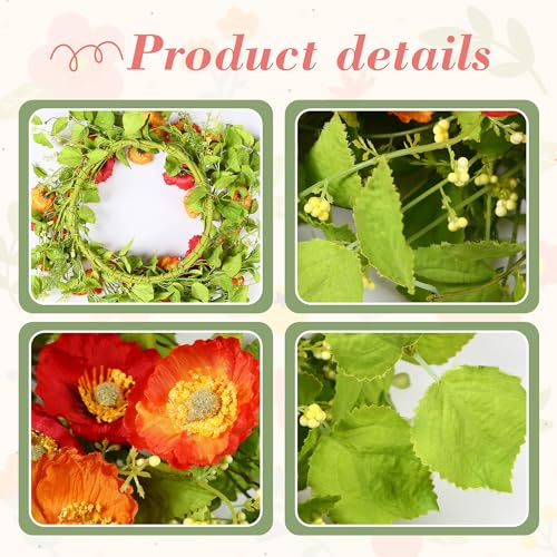 YNYLCHMX 20" Spring Summer Wreaths for Front Door, Artificial Floral Wreath with Poppy Flowers Green Tea Leaves, Green Foliage Wreath for Wall Window Farmhouse Party Holiday Home Decor - color: Artificial Poppy Flowers