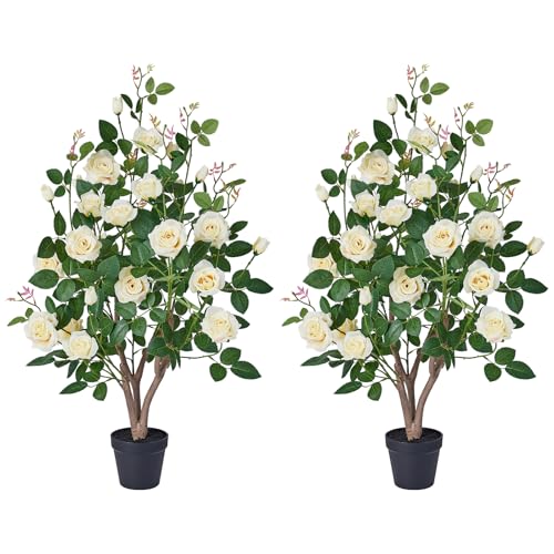 VeriNatural Fake Rose Plants,3Ft(36") Orange Artificial Roses,UV-Resistant Faux Silk Flowers for Indoor Outdoor,Potted Faux Trees for Home Decor, Courtyard,Patio, Front Porch Topiary Set of 2 - color: Yellow, size: 3ft