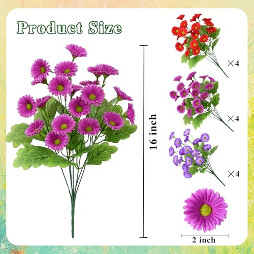 Waipfaru Artificial Flowers for Outdoors Faux Plants, UV Resistant Artificial Outdoor Flowers, Silk Daisy Realistic Fake Mums Flower for Front Porch Spring Home Planter Patio Decor, 12 Bundles, Mix - color: Red, Purple, Fuchsia, size: 12 PCS