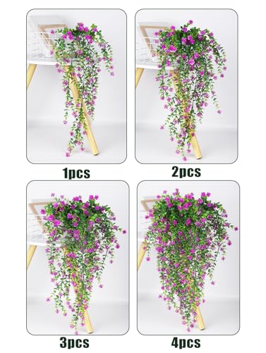 SJL Faux Hanging Plant 4 Pack Hanging Vines Plants Indoor Realistic Artificial Fake Small Hang Plant Leaves Faux Outdoor Plants Plastic Flowers Stem Decor for Wall Room Party (Fuchsia) - color: Fuchsia