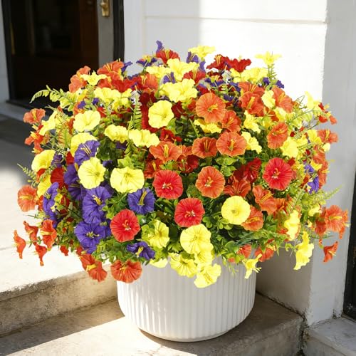Artificial Morning Glory UV Resistant Outside 36 pcs 4 Colors Garden Artificial Flowers Outdoors, Realistic Faux Silk Morning Glory Fake Morning Glory Plants for Porch Planters Window Wedding Decor - color: Red ＆yellow ＆ Orange ＆purple（with Green Ferns）,