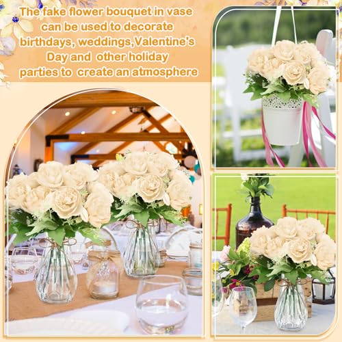Zeyune 37 Pack Artificial Peonies Flowers with Bud Vase Bulk 24 Bundles Silk Peonies Bouquets 12 Plastic Clear Vase with 1 Rope Fake Flowers for Table Centerpiece Vases(Champagne,Round Head) - color: Champagne, style: Round Head