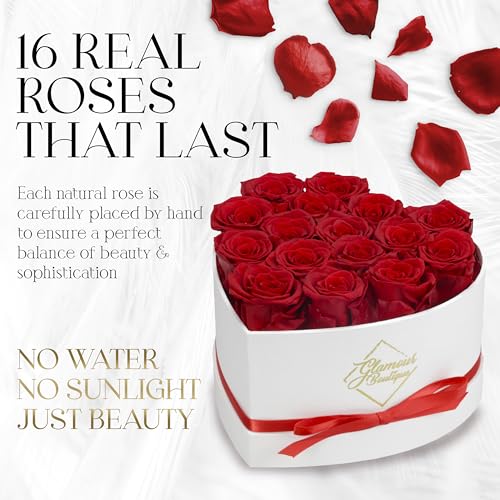 GLAMOUR BOUTIQUE Preserved Roses in a Box - Gifts for Her, Wife & Mom, Rose Flowers Forever Decor for Birthday Gift, Get Well Flower Bouquet Cased in White Box with Cover - Red - 16 (Color-Treated) - color: Red, size: 16 Roses Heart Box
