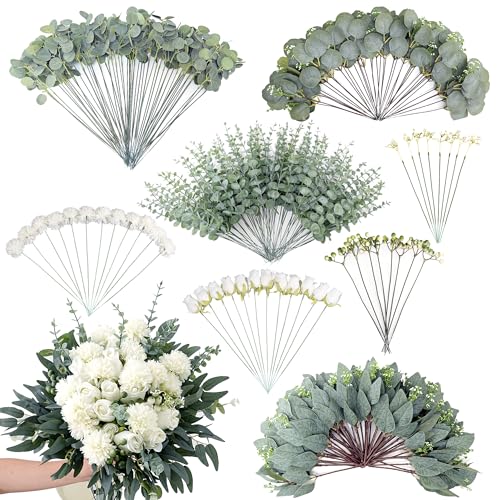 260 Pcs Mixed Eucalyptus Leaves Stems 8 Kinds Artificial Bulk Fake Silver Dollar Eucalyptus Bundle Faux Plants Greenery for DIY Wedding Vase Bouquets Floral Arrangement Engagement Decor （Green） - color: Green - 260 Artificial Green Plants (8 Styles)