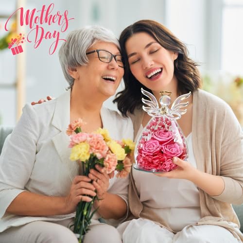 Beferr Gifts for Mom Birthday Gifts for Women, Fresh Flowers for Delivery Forever Preserved Rose in Glass Angel Figurine, Anniversary Christian Real Rose for Grandma Wife Mother from Daughter Son - color: L Rose Pink