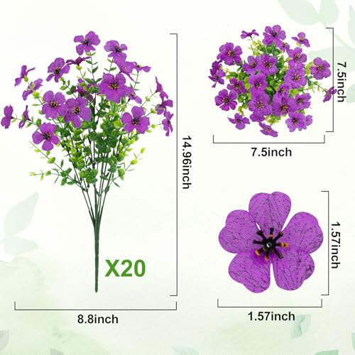 20 Bundles Artificial Flowers for Outdoors Decoration Fake Silk Flowers UV Resistant Faux Plants Artificial Daisy Eucalyptus for Spring Summer Garden Yard Porch Window Home Decor, Purple - color: Purple