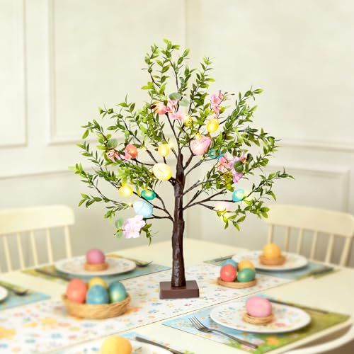 Easter Decoration Set, 27-inch Easters Egg Tree with LED Lights, Perfect for Spring and Easter Decorations, can be Used as a Tabletop Bonsai-Style Illuminated Artificial Tree or a Festive Centerpiece - color: Brown