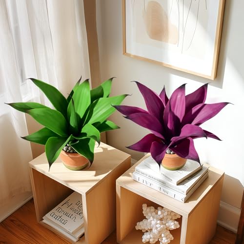 2 Set Real Touch Artificial Agave Plants, Lifelike Faux Succulent in Pot Desk Table Snake Plant Indoor Decor for Living Room Bathroom Shelf Office (Green+Purple) - color: Green+purple