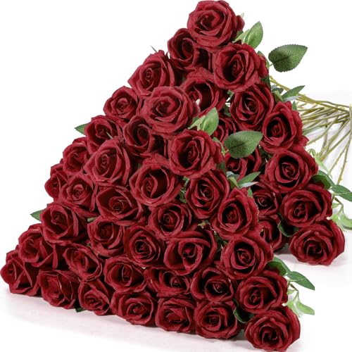 Hotop 40 Pcs Rose Artificial Flowers Bulk with Long Stem,Realistic Silk Fake Roses Bouquet for Home Wedding Centerpieces Party Table Decoration Valentines Gifts(Wine Red) - color: Wine Red