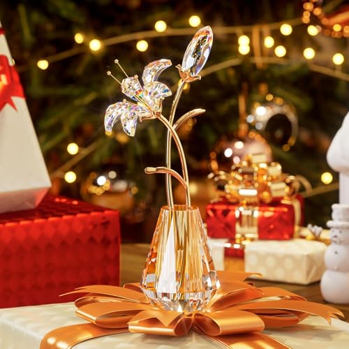YWHL Colorful Lily Flower Gifts for Women, Handmade Crystal Lily Flower Figurine Collectible with Vase, Home Wedding Party Decor(Colorful Lily) - color: Colorful