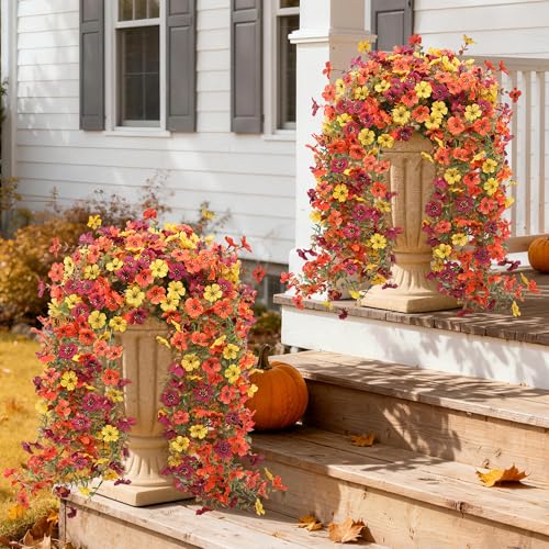 Hommyea Artificial Hanging Flowers for Outdoors, 2 Pcs Fake Hanging Plant Fall Decor, UV Resistant No Fade Faux Silk Daisy Flower for Planter Front Door Porch Patio Yard Garde - color: Orange,brown,yellow