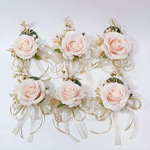 Pink Rose Wrist Flower Corsage & Boutonniere Set for Wedding Bride Bridesmaid Groom Groomsmen Parents Suit Lapel Pin Button Hole Flower for Prom Homecoming, Tea Party, Formal Dinner - color: Pink Set