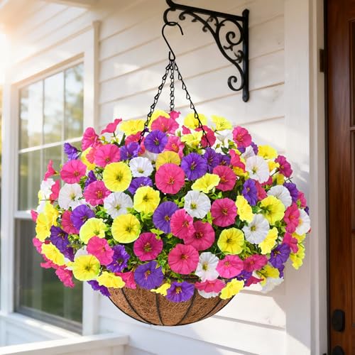 Elyum 2 Pack Artificial Hanging Flowers for Outdoors, Fake Flowers Artificial Petunias Hanging Baskets for Outdoors, UV Resistant Fake Hanging Plants Flowers for Outside Garden Patio Porch Decor - color: Mixed Colors 2, size: 2 Pack