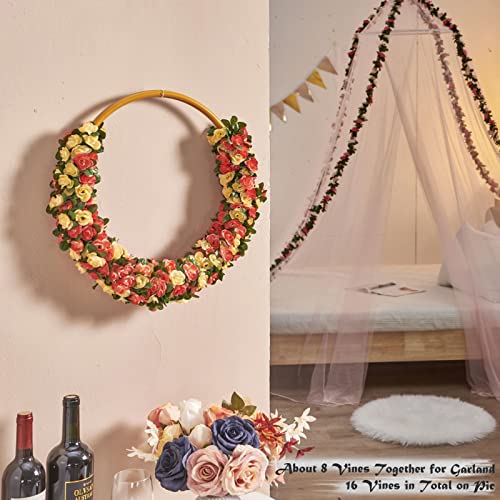 PONKING 8 Pcs x 8.2 ft Flower Garland Artificial Rose Vine Flowers with Green Leaves Hanging Fake Roses Vine for Room Party Home Wedding Birthday Christmas Wall Arch Decor, Champagne Flower - color: Spring-champagne-8pcs, size: 8 Vines 66FT