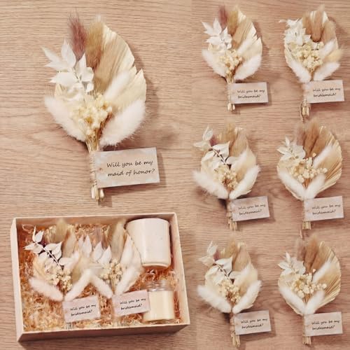 Suncalla 6 Pcs Bridesmaid Proposal Gifts Bouquets Mini 6 Inch Dried Flower Bouquets Will You Be My Bridesmaid Card for Bridal Shower Wedding Bachelorette Party Proposal Box(White,Boho) - color: White, style: boho