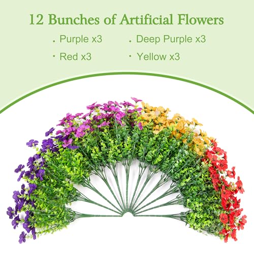 Ammyoo Artificial Flowers for Outdoors Potted Spring Decor, 12 Bundles Fake Summer Daisy with Realistic Eucalyptus Leaves, Faux Plants for Greenery Boxwood Porch Patio Garden Pot Lawn - color: 4 Colors(purple Deep Purple Red Yellow)