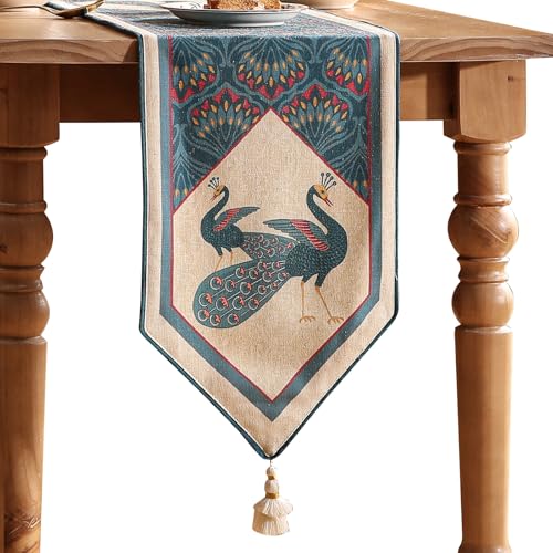 bilingaier Vintage Blue Peacock Small Table Runner for Table,Decorative Linen 102 Inches Long Table Runners,Decor Tabletop for Kitchen,Dining,Tea Party,Home,Christmas,12"x102" - color: Dorodangoa, size: 12"*102"