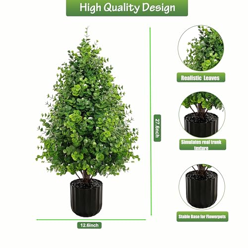 2PACK Boxwood Topiary Trees Artificial Oudoor Indoor, 2.3FT Artificial Potted Plants with Pot, UV Rated Centerpiece Faux Bushes Potted Eucalyptus Tree for 4th of July Outdoor Planters Front - color: Money Plant Green