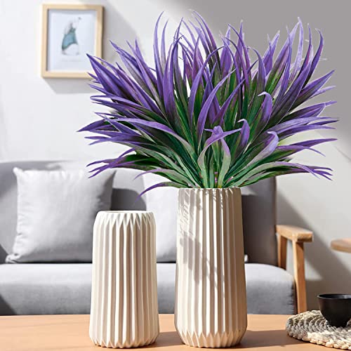 8 Pcs Outdoor Fake Plants UV Resistant Artificial Tall Grass Plants Faux Tropical Flowers Bushes Fall Winter Summer Planters Yard Patio Front Porch Décor Plastic Greenery Shrubs Decoration - color: Light Purple Grass Plant, size: 8pcs