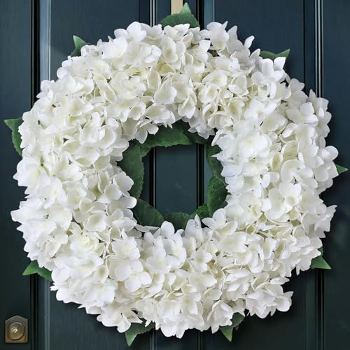 21" Artificial Hydrangea Flower Wreath for Front Door Spring Summer(White) | Premium Material,Long-Term Use,Full and Plump Flower Wreath Greenery,Ideal for Home Mantel Wall Farmhouse Outdoor Decor