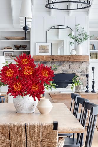 Briful 6 Pcs Orange Red Artificial Mums for Outdoors Fall – 25.6’’ Long Stem Faux Chrysanthemums, Large 6’’ Silk Fall Flowers for Wedding Bouquets, Centerpieces, Porch Décor, Indoor Home Decoration - color: Orange Red