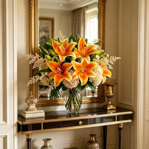Kimura's Cabin 6Pcs Tiger Lilies Artificial Flowers Real Touch Lily with Stems Fake Flower Faux Lilies Bouquet for Wedding Floral Arrangements Easter Home Table Centerpiece Office Decor(Orange) - color: Orange Yellow