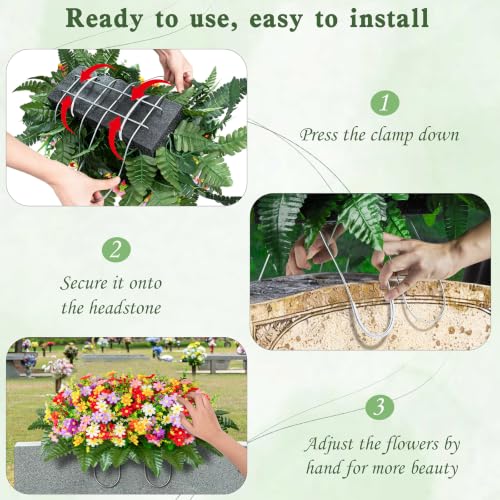 XONOR Artificial Cemetery Flowers Saddle, Artificial Memorial Silk Daisy with Vase for Grave Headstone Decoration, Assorted Colors Daisy for Spring Summer Decoration(Saddle&Bouquets) - color: Saddle&bouquets
