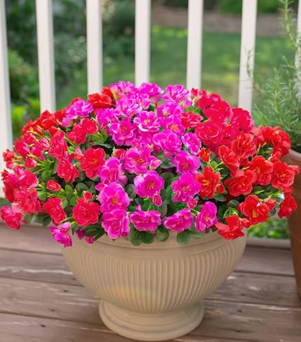 Artificial Faux Outdoor Flowers Plants For Spring Decor, Fake Silk Colorful Camellia UV Resistant Look Real for Planter Outside Porch Patio Balcony Garden Yard Home Decoration, 3 Large Bundles - color: Multi Color