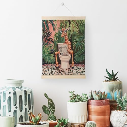 Nrleey Funny Bathroom Poster Hanger Frame - Giraffe Tropical Wall Art with Wooden Poster Hanger, Giraffe Art Decor, Funny Animal Bathroom Wall Art Decor, 12x16 Inches - color: Giraffe