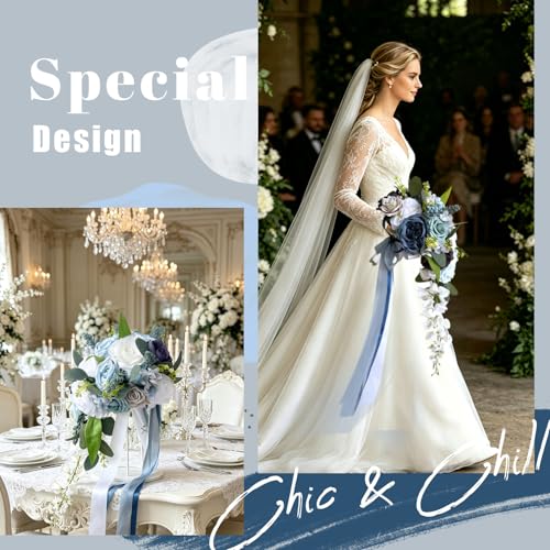 10 Inch Cascading Bouquets for Bride Fall Wedding Rose Bridal Bouquet Artificial Silk Flower Boho Rustic Ceremony Anniversary Decor Toss Bouquet (Dusty Blue, Lily of the Valley) - color: Dusty Blue, Lily of the Valley