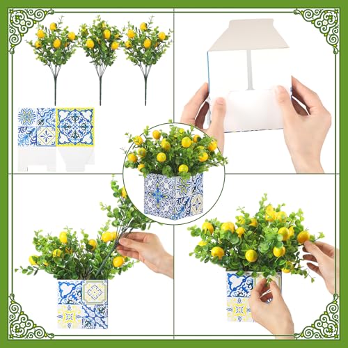 Giegxin Blue Tiles Lemon Table Centerpiece Decor Amalfi Coast Box Decorations with Artificial Lemon Branches for Capri Mediterranean Positano Wedding Birthday Party Decor(4 Sets)