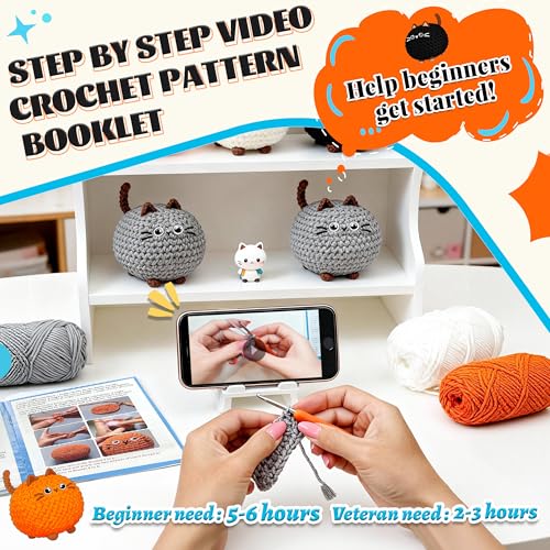 Joyclub Crochet Kit for Beginners 4 PCS Cat Family Learn to Crochet Kit with Step-by-Step Video Tutorials 40% Extra Yarn DIY Craft Gift Amigurumi Crochet Starter for Adults Knitting Lovers Mom Teacher - color: Crochet Cat
