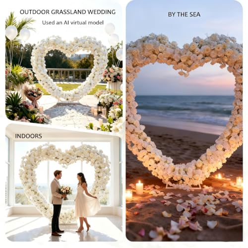 Heart-Shaped Rose Flower Arrangement - Floral Decor for Wedding Arch, Proposal, Party & Event Backdrops, Indoor Outdoor Use（Stand NOT Included） (Blue-White) - color: Blue-white