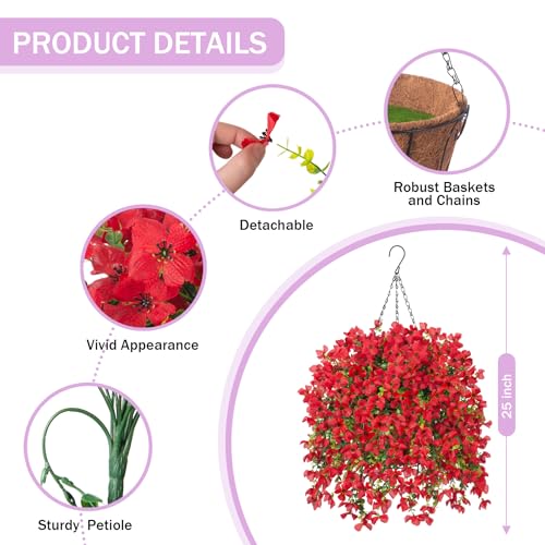 INXUGAO Artificial Hanging Flowers Plants with Basket for Outdoors, Realistic Faux Silk Daisy Flower Eucalyptus for Spring Decor, UV Resistant Fake Plants for Porch Patio Yard Balcony, Red - color: A-red