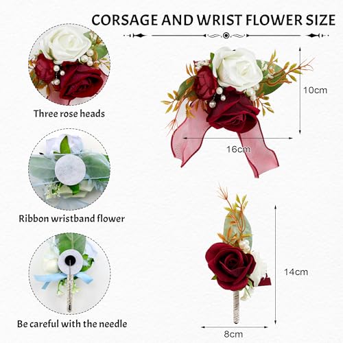 SITUMEIZI 2Pcs Wine Red Corsage and Boutonniere Set Wrist Corsage Bracelets and Boutonniere for Men Wedding Prom Party Suit Decor - color: Wine