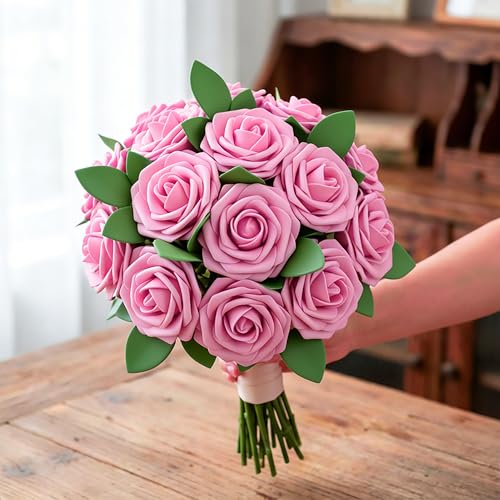 30pcs Real Looking Green Powder Foam Artificial Roses with Stems, Fake Rose Flowers for DIY Wedding Bouquets Bridal Shower Centerpieces Home Party Valentine's Day Mother's Day Decor Gift - color: 30pcs Green Powder