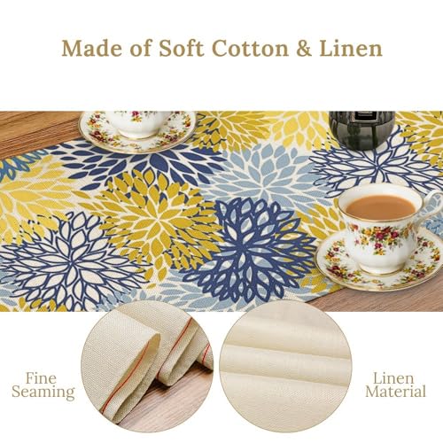 Dahlia Flower Table Runner Abstract Boho Yellow Blue Floral Art Printed Dinner Runner for Home Party Kitchen Dining Table Decor Fabric 1 Panel W13xL36in - color: Flower-14, size: 13"W x 36"H