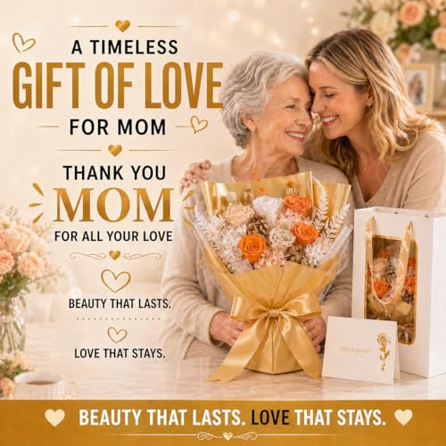 Preserved Real Flowers Bouquet, Preserved Eternal Roses Ready to Gift for Mother’s Day Birthday Gift for Mom Grandma Nana Wife Graduation Flowers for Her Class of 2026 (Sunset Champagne) - color: Sunset Champagne
